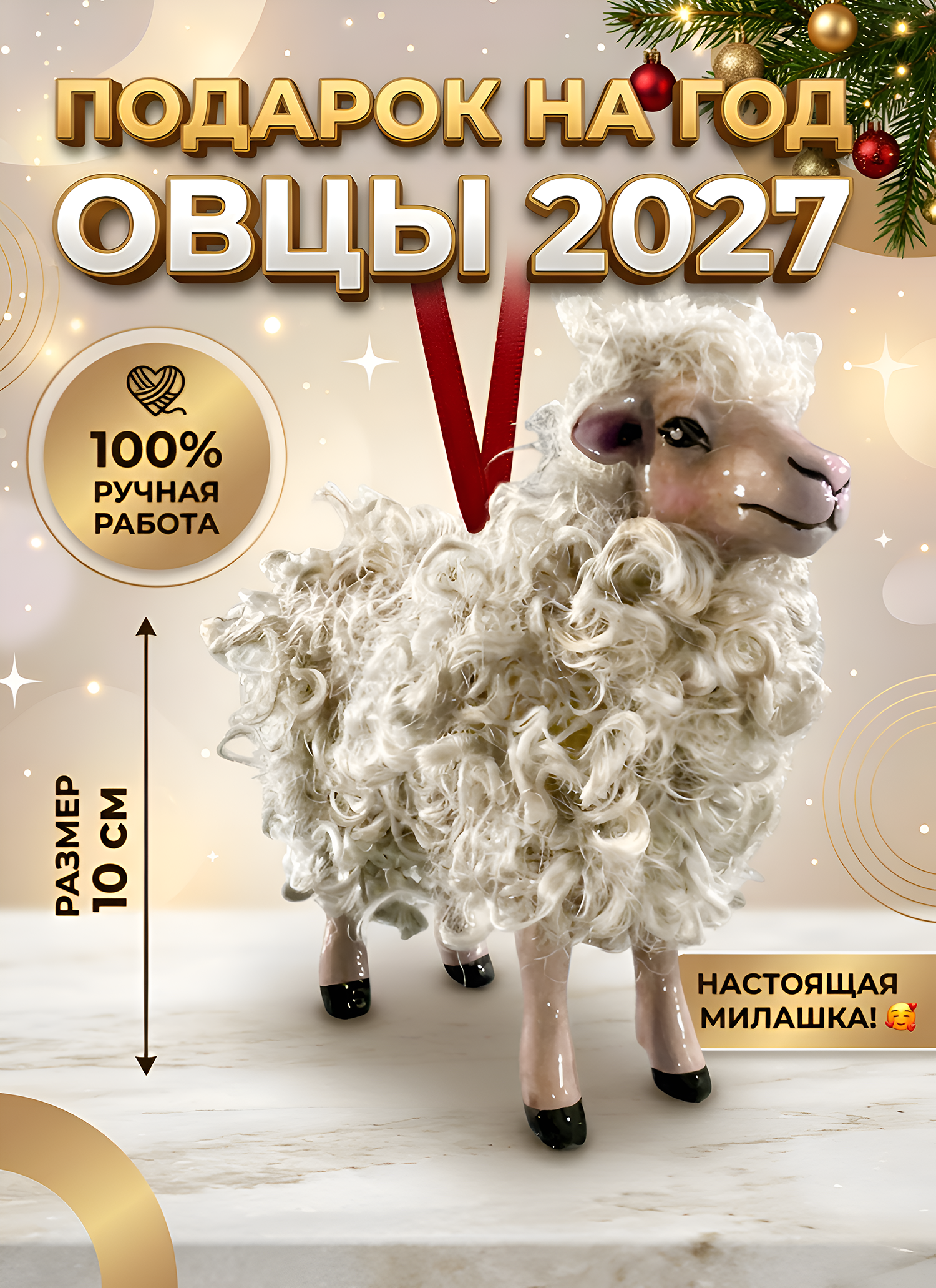 Елочная игрушка Овечка Пушистая, статуэтка, подвес в машину 2027 — фото 1